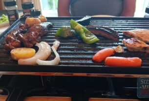 meat and veggies on the raclette grill