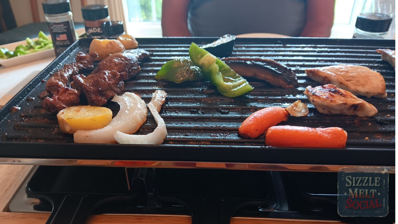 meat and veggies on the raclette grill